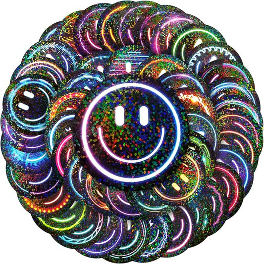 wercokt 50pcs smiling glitter neon stickers, cute water bottle stickers for kids, for teaching rewards, notebooks, stationery, luggage, cartoon pvc happy glitter stickers