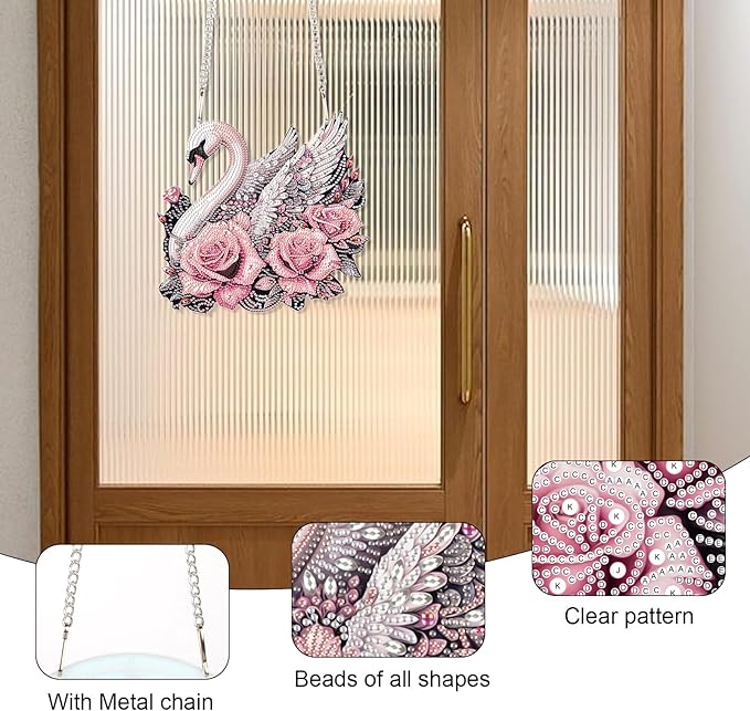 Diamond Art Painting Pendant Ornament Kits 5D Diamond Art Painting Art Hanging Kit Rose Swan DIY Diamond Crystal Window Door Pendant Kit for Adults Gift Wall Home Christmas Decoration (24.2x23 cm)