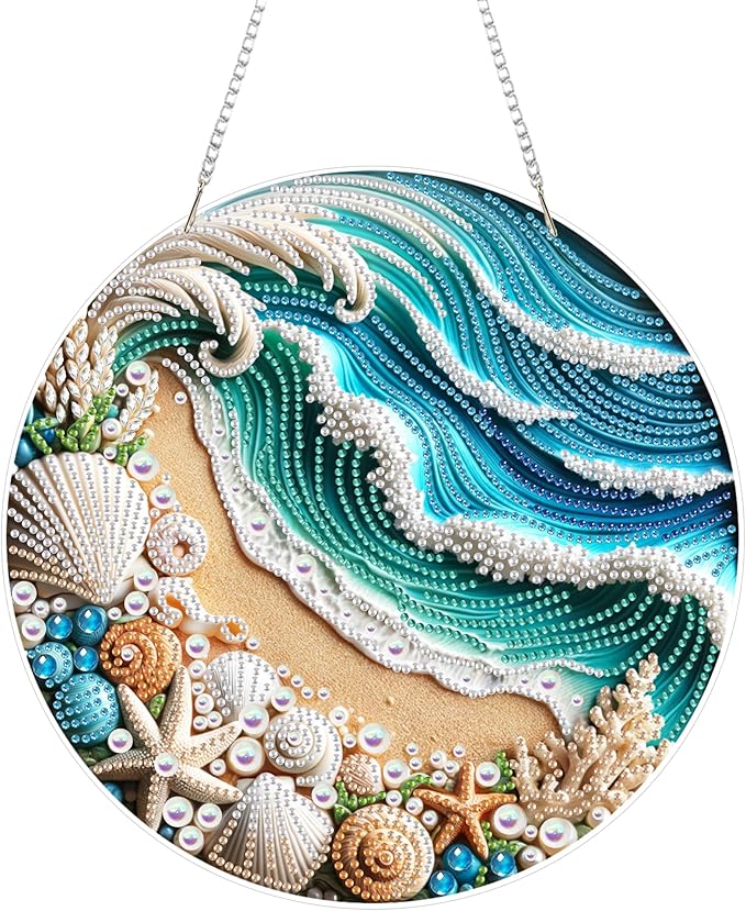 Eiflow Acrylic Diamond Art Hanging Kit for Adults, DIY Diamonds Painting Door Hanging Board Kit, Special Crystal Diamond Art Painting Pendant Ornament (Beach)