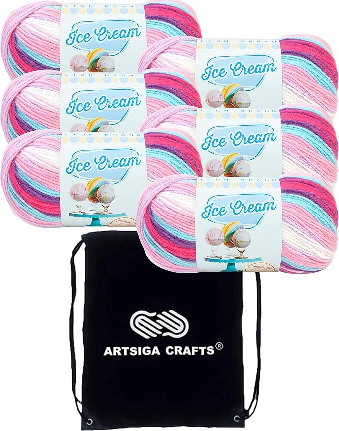 Lion Brand Ice Cream Raspberry Ripple 923-216 (6-Skeins - Same Dye Lot) Baby Sport #2 Acrylic Yarn for Crocheting and Knitting with Project Bag