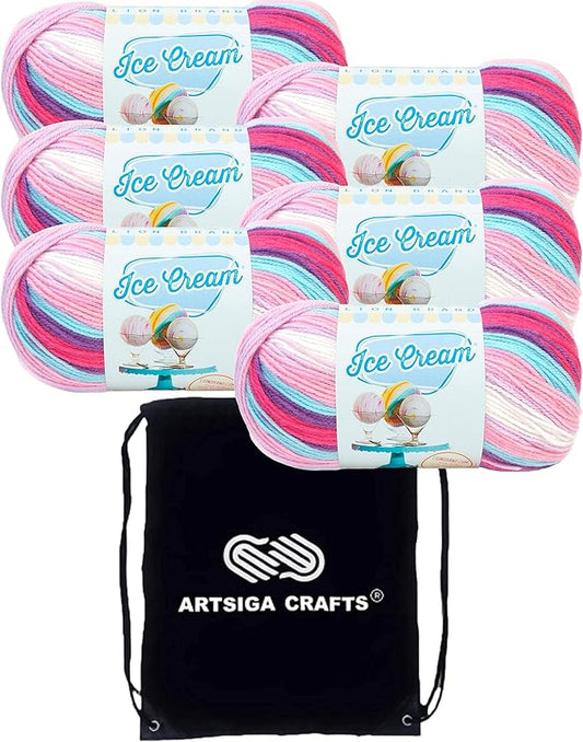 Lion Brand Ice Cream Raspberry Ripple 923-216 (6-Skeins - Same Dye Lot) Baby Sport #2 Acrylic Yarn for Crocheting and Knitting with Project Bag