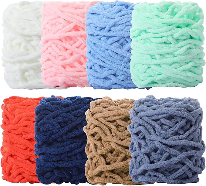 Buryeah 8 Pack Chunky Chenille Yarn for Crocheting Soft Thick Fluffy Yarn for Hand Knitting Bulky Velvet Blanket Plush for Weaving DIY Crafts Each 3.5 oz 55 Yards(Multicolor)