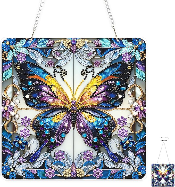 TOSTOG Diamond Art Hanging Kits for Adults, 5D Diamond Painting for Adults Square Window Pendant, Special Shape Diamonds DIY Butterfly Diamond Painting Hanging Pendant Kit for Wall Decor Gift