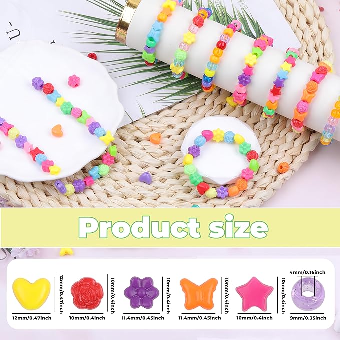 Pony Beads Shapes for Bracelet 1000 Pcs Plastic Star Beads for Friendship Bracelets 6x9mm Round Beads for Hair Braiding Flower Beads for Jewelry Making (Multicolour Pony Beads Shapes)