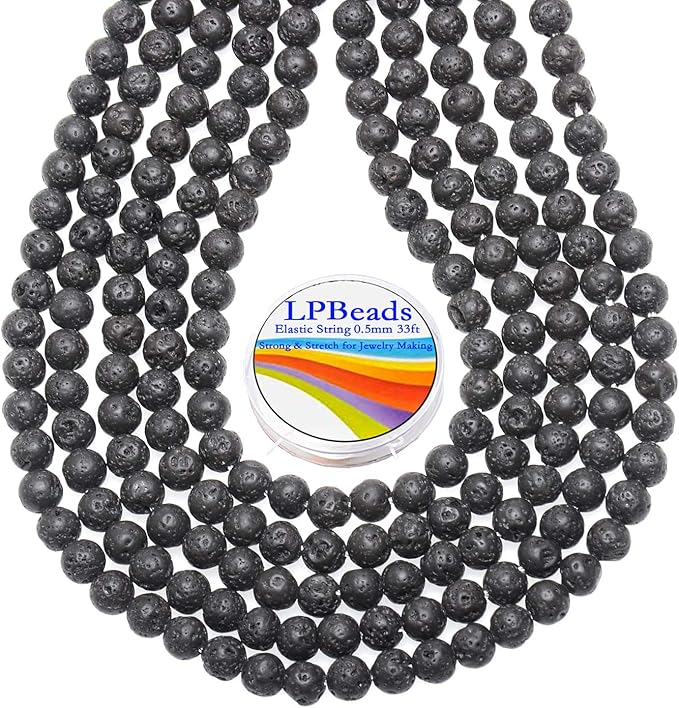 LPBeads 200Pcs Polished 6mm Round Natural Black Lava Gemstone Loose Beads with Stretch Cord for Jewelry Making Bracelets