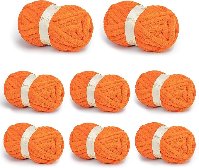 Chunky Yarn for Hand Knitting, Chunky Chenille Blanket Yarn for Crocheting, Bulky Soft Fluffy Chenille for Blanket Project, 8 Pack of 8oz/25yds, Orange
