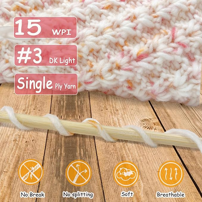 2 Pack Wool Blend Yarn, 2x3.5oz / 285yds, #3 DK, 20% Wool 80% Acrylic, Variegated, Single-Ply Soft Crochet & Knitting Wool Yarn for Sweaters, Scarves, Hats (Blushing Ivory)