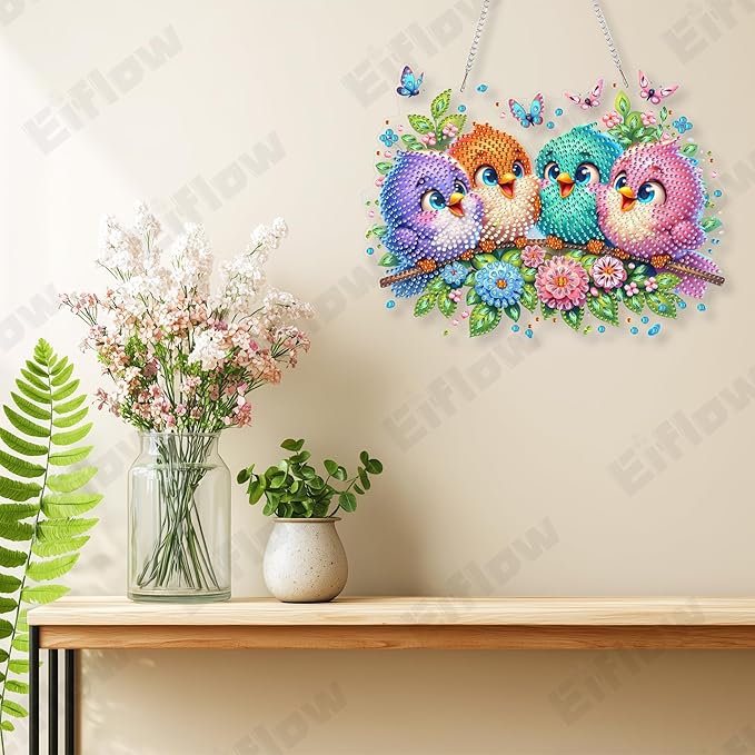 Eiflow Acrylic Diamond Art Hanging Kit for Adults, DIY Diamonds Painting Door Hanging Board Kit, Special Crystal Diamond Art Painting Pendant Ornament (Birds)