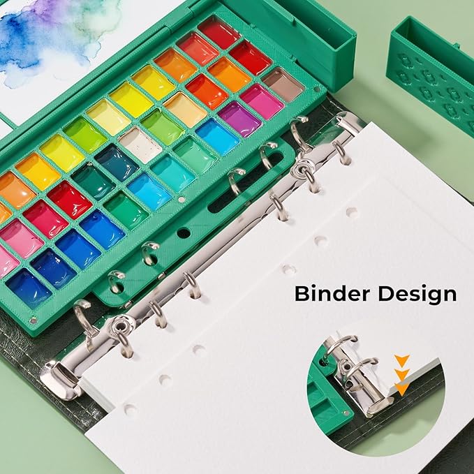Travel Watercolor Sketchbook Set - 100% Cotton Cold Press 6.7x3.9 Inch Binder Art Journal with 36-Well Ceramic Paint Palette & 2 Travel Watercolor Brushes for Artists Outdoor Painting