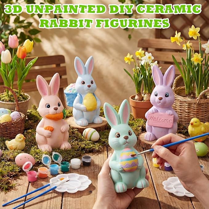 Zubebe 4 Pcs Easter Ceramics to Paint Bunny Kits Ready to Paint Your Own Easter Bunny Figurines 5.1 Inch 3D Unpainted Blank Ceramics with Brush and Palette Rabbit Statues for Craft (Cute Style)