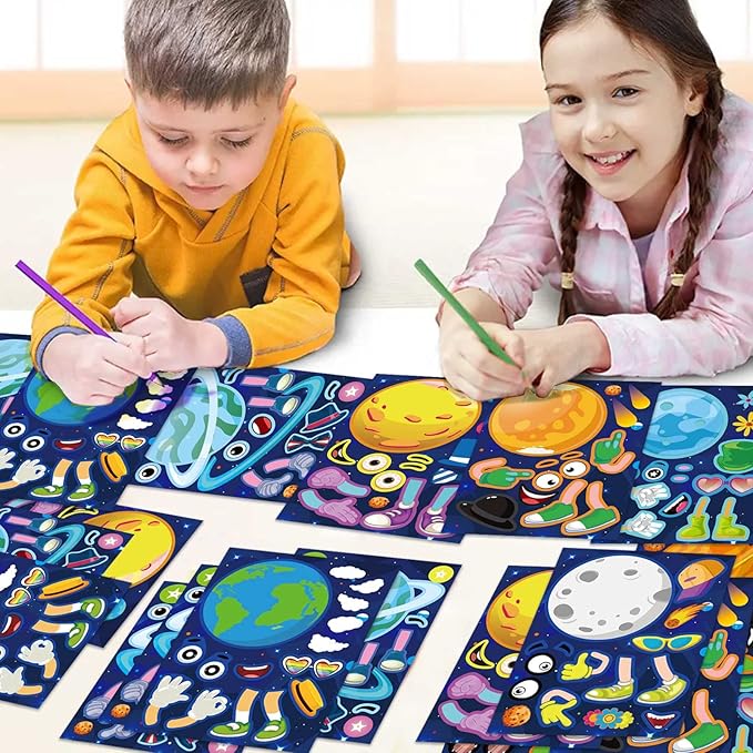 27 sheets space stickers make your own planet stickers games,easy to peel and stick,make a face outer space sticker for kids,9 planets solar system birthday party favor sticker for kids