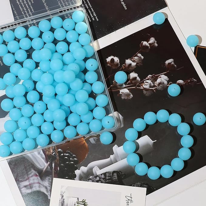 120pcs Richbunnys 15mm Bulk Silicone Beads for Pens and Keychain Making,Large Bead for Necklace and Bracelets Making,Assorted Rubber Beads Set（Ice Blue）