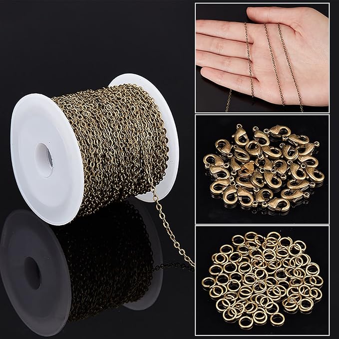 SUNNYCLUE 32.8Feet/10m Antique Bronze Chain Bulk Brass Curb Link 2.6x2x0.3mm Links Cable Chains for Jewelry Making Findings 100Pcs Iron Jump Rings 30Pcs Brass Lobster Clasps Necklace Bracelet Supplies