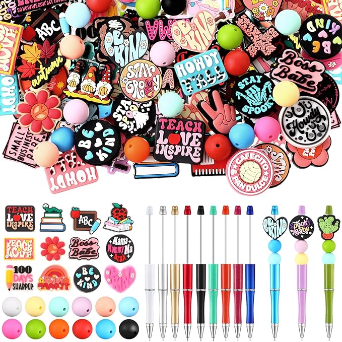 Humyoun 122 Pcs Silicone Focal Beads for DIY Pens Making Kit Include 12 Beadable Pens 110 Silicone Focal Beads for Pen Keychains DIY Making