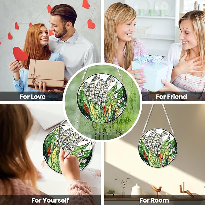 EOBROMD Diamond Hanging Art Kits for Adults, Lily of the Valley Suncatcher Diamond Art Painting, DIY Special Shaped Rhinestone Kits for Adults, Window Pendants Home Garden Wall Hanging Ornament