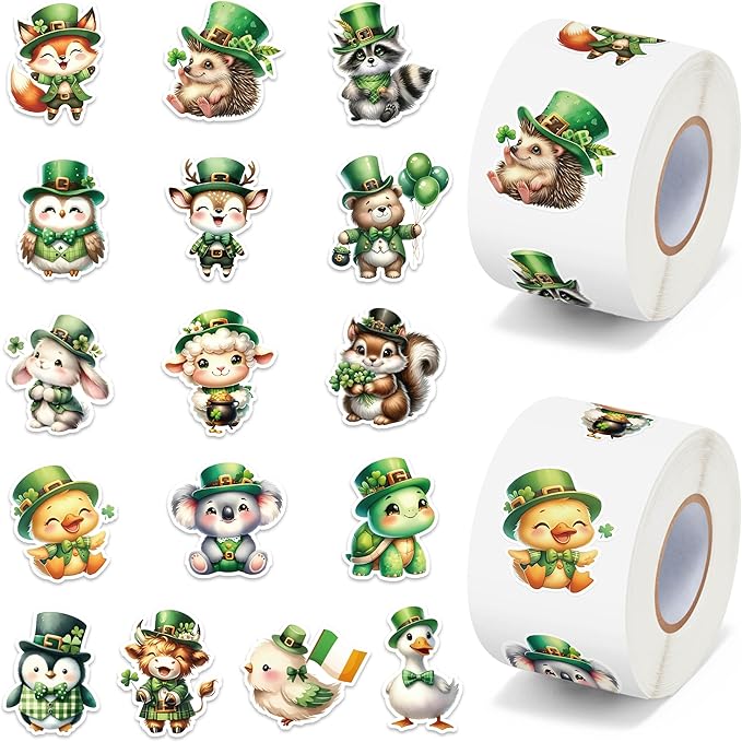 h1vojoxo st. patrick's day sticker rolls - 1000pcs shamrock irish cute cartoon stickers for kids 16 design st. patrick's cute animal sticker for craft st. patrick cartoon animal stickers for envelope