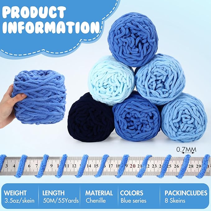 Buryeah 8 Pack Chunky Chenille Yarn for Crocheting Soft Thick Fluffy Yarn for Hand Knitting Bulky Velvet Blanket Plush for Weaving DIY Crafts Each 3.5 oz 55 Yards(Blue Series)