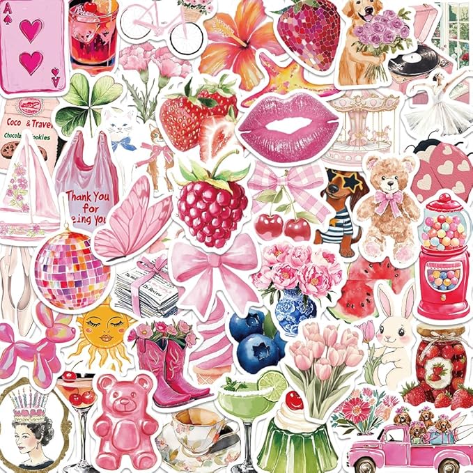 55 pcs vintage pink stickers, waterproof retro aesthetic stickers for water bottles,laptop scrapbook journaling decorative decals for adults