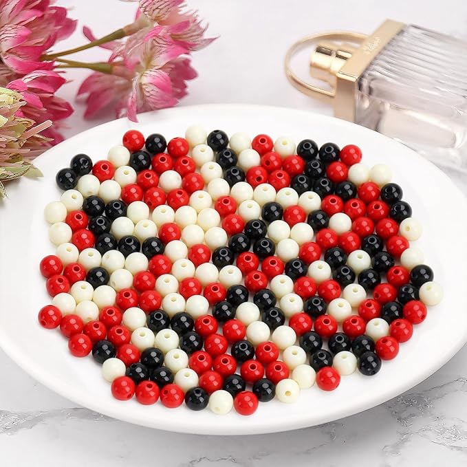 bonny boxx 100pcs 12mm mixed color acrylic round beads, assorted plastic loose gumball bubble gum beads bulk with hole for jewelry diy making crafting supplies (red black series)