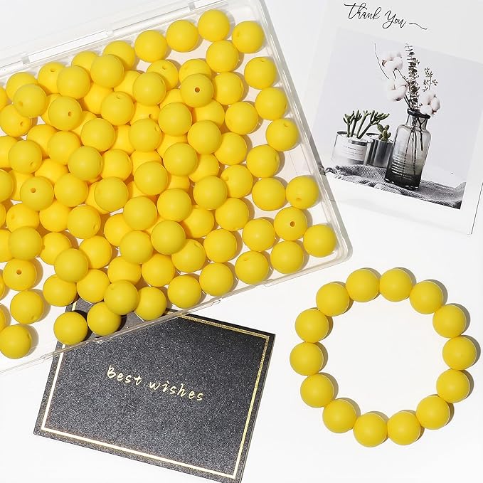120pcs 15mm Bulk Silicone Beads for Pens, Keychains, Necklaces and Bracelets Making, Assorted Rubber Beads Set (Yellow)
