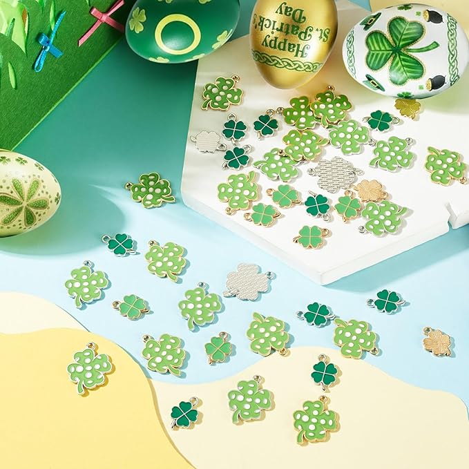 Cheriswelry 60Pcs Green Clover Charms Shamrock Four Leaf Lucky Pendants St. Patrick's Day Enamel Alloy Pendants 18-26mm for DIY Necklace Bracelet Earring Jewelry Crafts