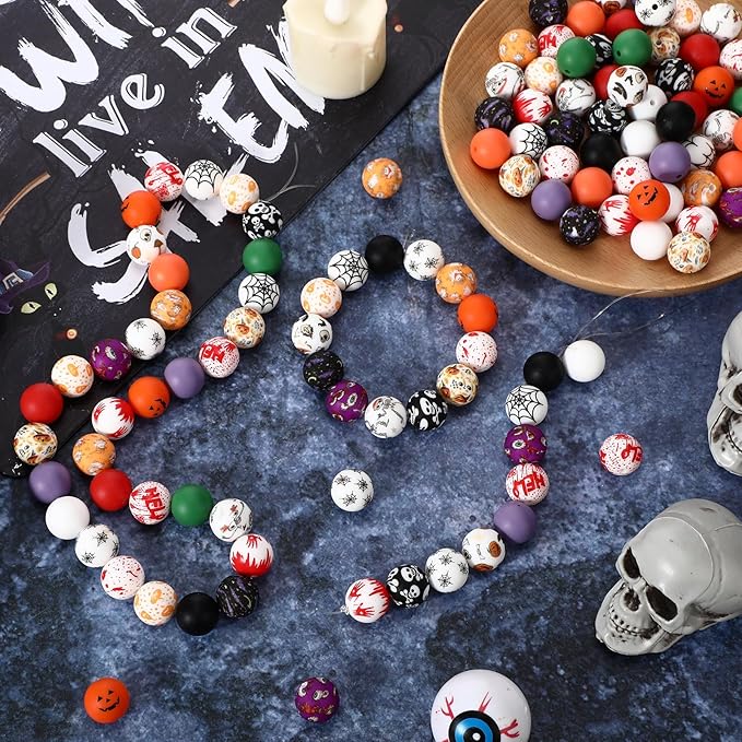Ferreve 120 Pcs 15mm Silicone Beads Bulk Silicone Beads Print Rubber DIY Bracelet Making Kit for Keychain Making Pens Necklace Jewelry(Halloween)