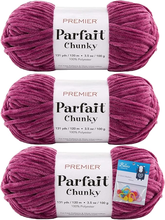 Premier Yarns Parfait Chunky Chenille Yarn 3.5 Oz 6 Super Bulky Weight 3 Pack Bundle with Bella's Stitch Place Holders (Orchid)