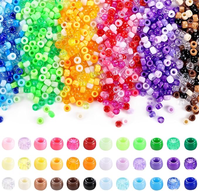 Pony Beads Bulk, 3400pcs+ Kandi Beads for Bracelets, Funtopia 36 Colors Plastic Bead for Craft, Rainbow Hair Bead for Braids, for DIY Craft Projects and Jewelry Making (6x9mm)