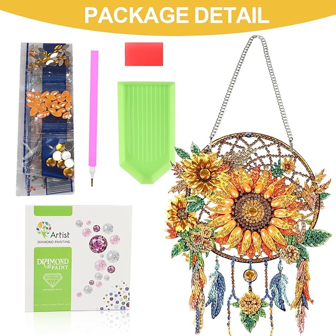 Sunflower Diamond Painting Hanging Ornament, Dream Catcher 5D Special Shape Diamond Art, Crafts for Adults DIY Gem Art, Acrylic Home Garden Window Wall Decor with Chain, Box Kit, 6.2×7.8in