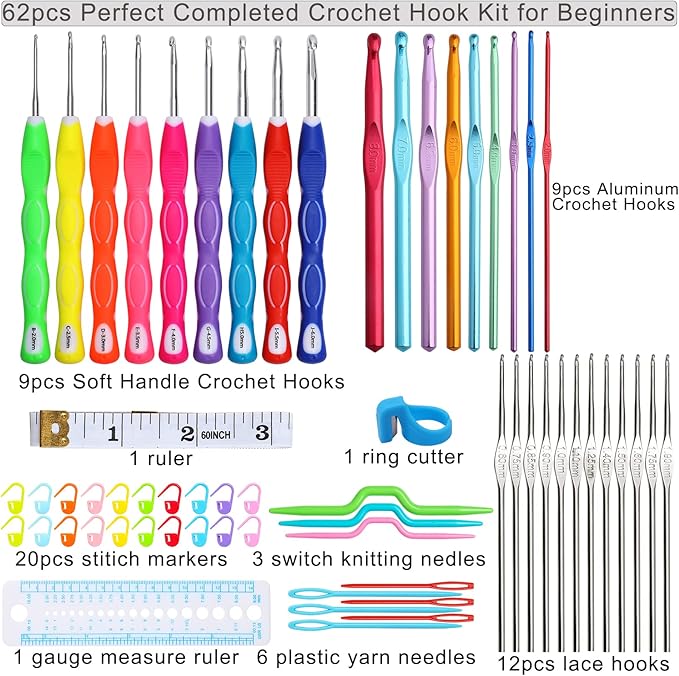 Looen Crochet Hooks Set-Yarn Needles Coloured Aluminum with Storage Case Rubbery Handle Ergonomic Comfort Grip DIY Craft Handmake Kit 64pcs