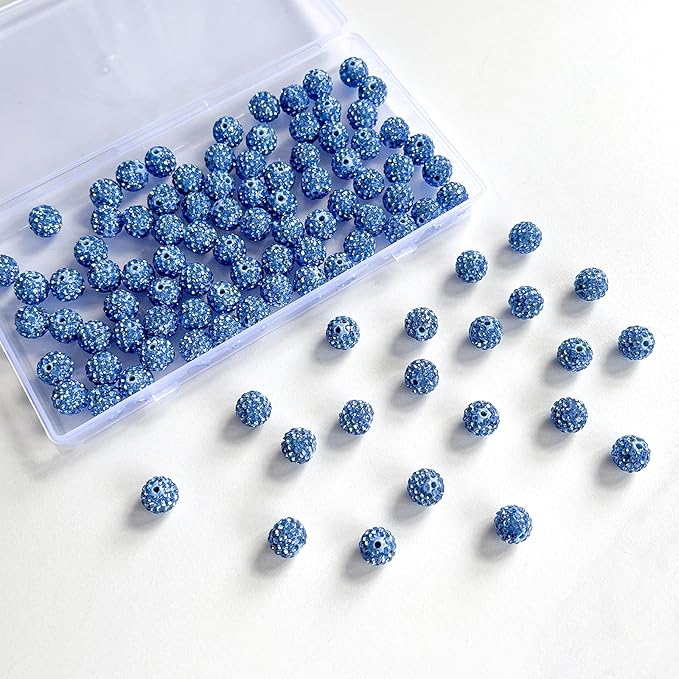 100 pcs 10mm Rhinestone Beads for Jewelry Making, Blue Shiny Round Disco Ball Beads, Bulk Polymer Clay Rhinestone Bead Crystal Diamond Bead for Bracelet Necklace Earring Crafting