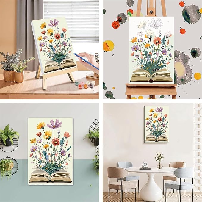 xackcme Book Paint by Numbers for Adults with Framed Canvas - with Wooden Easel, Flowers Paint by Number on Canvas, DIY Books Acrylic Oil Painting Kits with Brushes for Home Wall Decor (8x12 inch)