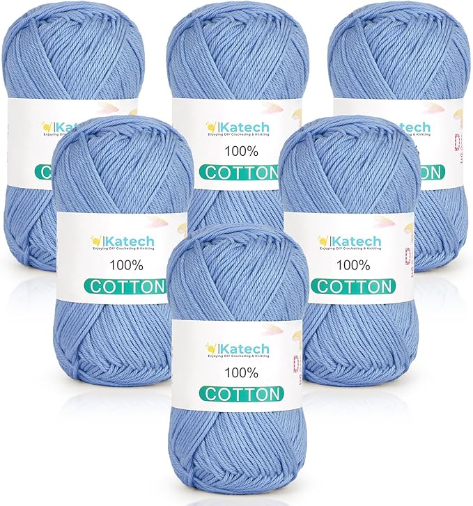 Katech Pure Cotton Yarn for Crocheting & Knitting–Soft Sport Weight CYC #2, 6 Skeins (50g Each, 300g Total), Ideal Crochet Yarn for Dishcloths, Baby Clothes, Socks, Lightweight Scarves（Light Blue）