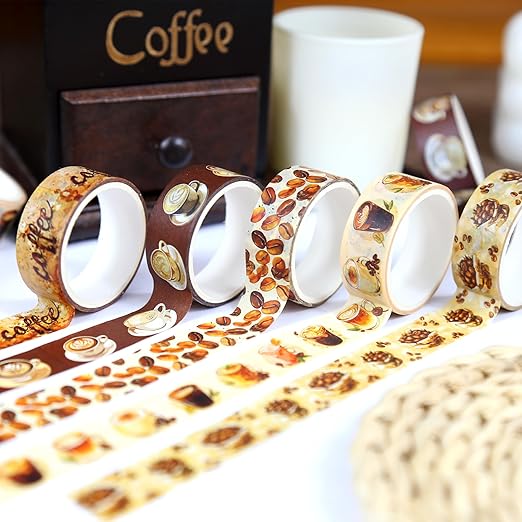 12 Rolls Washi Tape Set,6 Design Coffee Themed Decorative Tape Vintage Watercolor Brown Cafe Masking Tape for Journaling Supplies, Junk Journal, Scrapbooking, DIY Arts & Crafts, Gift Wrapping