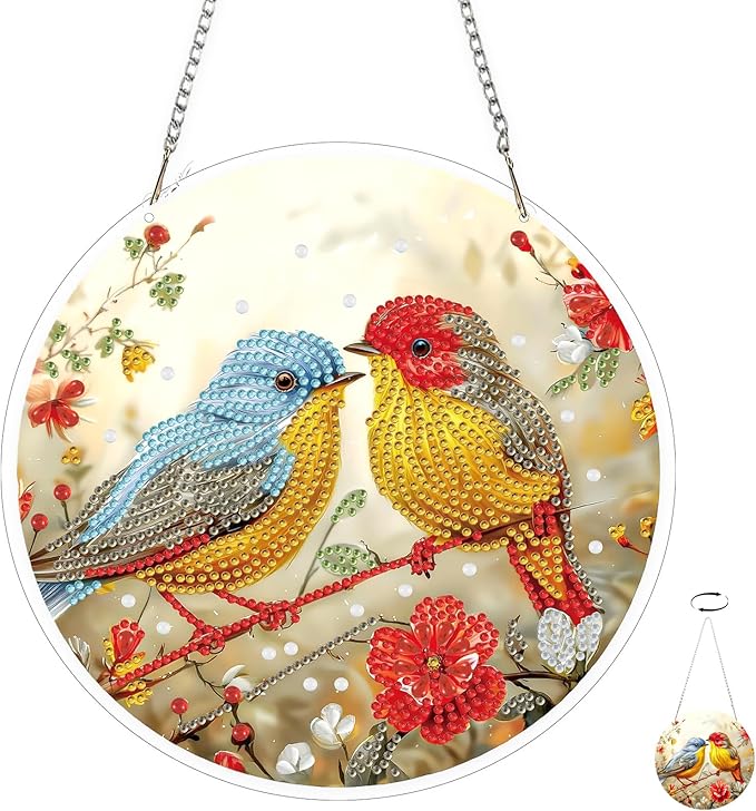 TOSTOG Birds Side by Side Diamond Art Pendant Kits for Adult, Diamond Painting Hanging Kit for Beginners, 5D DIY Crafts Gem Art, Waterproof Full Accessories for Home Decor Idea 20 * 20 cm/8 * 8 in