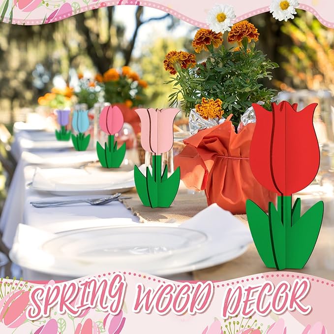 MotiMind 60 Pcs Spring Crafts Set 48 Pcs 3D Wooden Flower Cutouts Unfinished Tulip Slices Wood Daisy to Paint with 12 Colored Pens for Mother's Day Summer Floral Handmade Craft DIY Project
