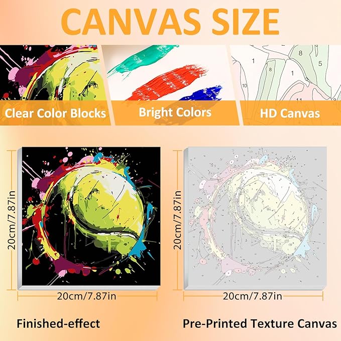 Paint by Numbers Kit for Kids with Frame, Tennis Paint by Numbers for Kids Ages 4-8-12, DIY Tennis Acrylic Oil Painting for Home Wall Art Decor Gift 7.8x7.8 inch (with Frame Easel)