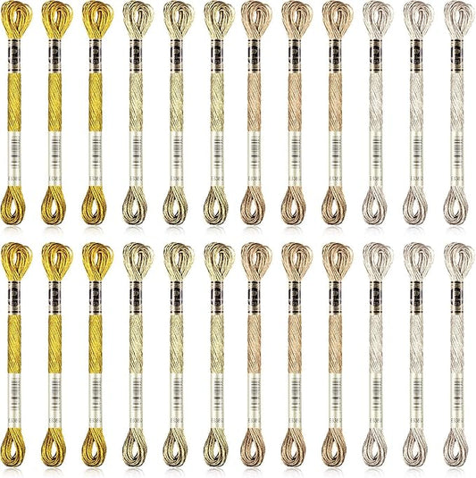 WILLBOND 24 Skeins Metallic Embroidery Floss - Glitter Embroidery Threads for Cross Stitch Crafts Friendship Bracelets(Assorted Color)