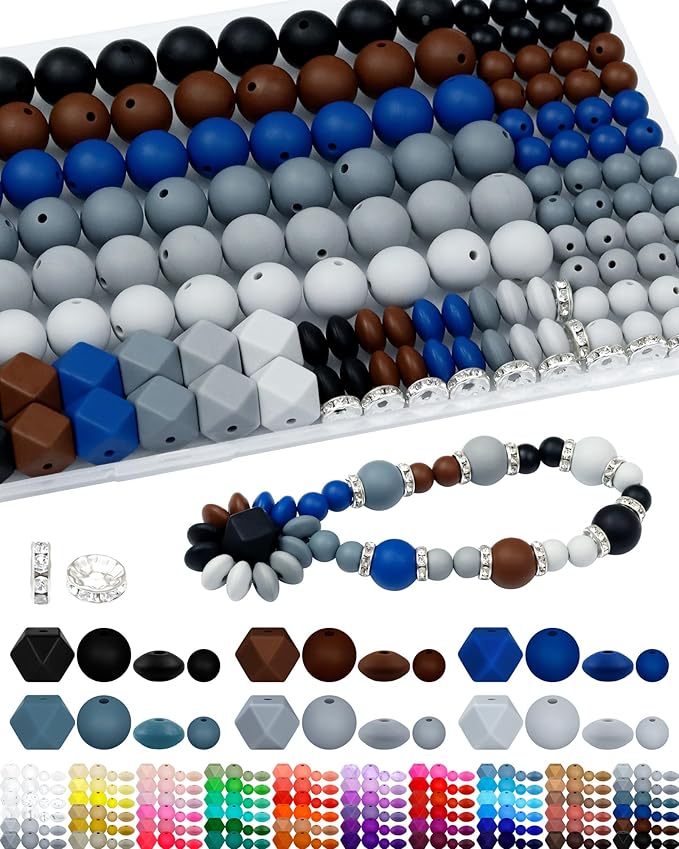 172PCS FIVEIZERO Silicone Beads for Keychain Making, 6 Mixed Colors Silicone Focal Beads Kit, 9mm & 15mm Round Lentil Hexagon Bead & Rhinestone Spacer Bead for Jewelry Making & Bracelets (Black)