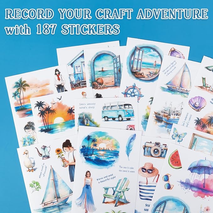 Beach Theme Journal Stickers, RISYPISY 187PCS Matte PET | Pre-Cut Sticker Book for Junk Journal, Planner, Scrapbooking | Adult DIY Craft Supplies