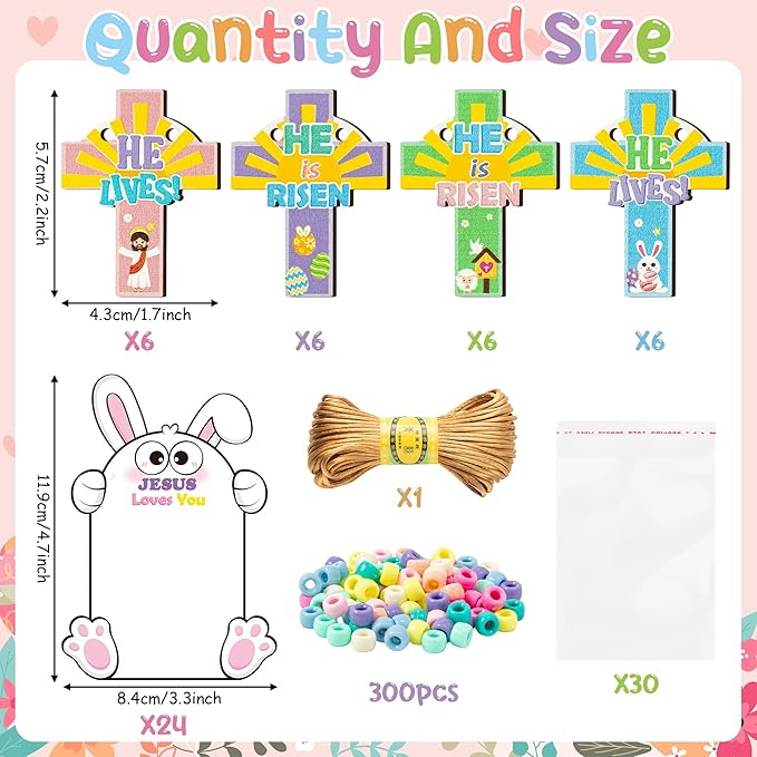 BeYumi Easter Necklace Craft Kit - 24Pcs DIY Easter JESUS IS RISEN Wooden Cross Pendant Beads Necklace Making with Bunny Greeting Card Christian Religious Gift Kids Church School Classroom Party Favor