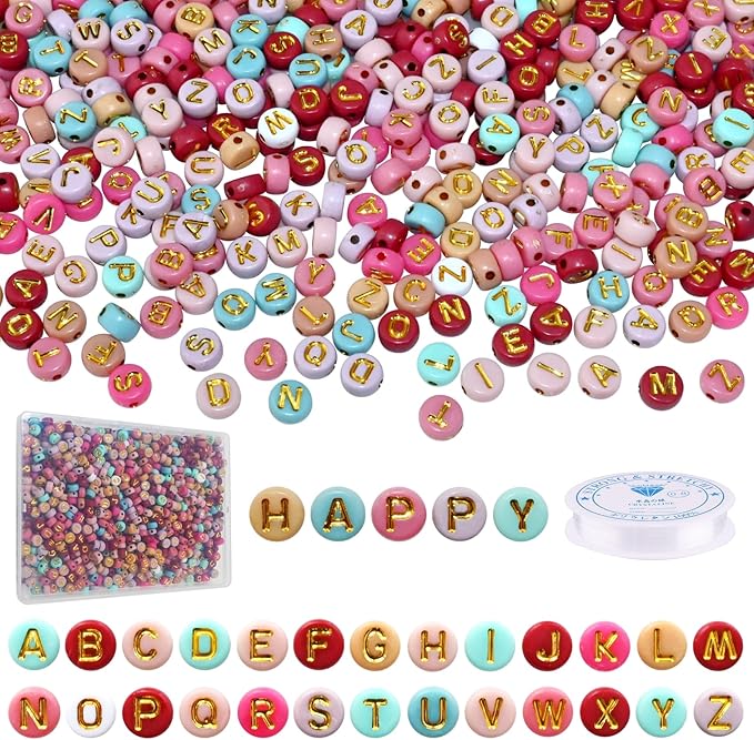 1000pcs Colorful Letter Beads Gold 7x4mm and Elastic String with Storage Box for Jewelry Making Bracelet Hair Braids Crafts
