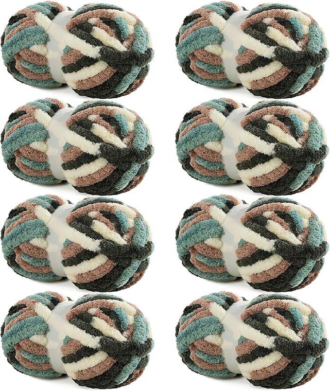 HOMBYS Chunky Tie Dye Mix Chenille Yarn for Hand Knitting, Super Bulky Jumbo Yarn for Crocheting, 3/4" Thick Soft Plush Yarn for Blankets, 8 Skein Pack (26 yds / 7.5 oz Each) Green,White Multi