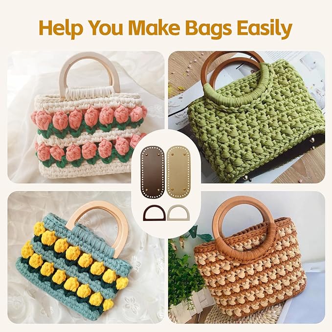 4+8 PCS Bag Bases for Crochet with D Shape Purse Handles for Bag Making, 2 PCS Crochet Hooks, 4 Colors Leather Purse Bottoms for Crocheting DIY