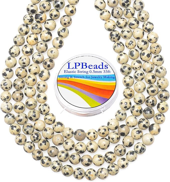 LPBeads 200Pcs Polished 6mm Round Natural Dalmatian Gemstone Loose Beads with Stretch Cord for Jewelry Making Bracelets