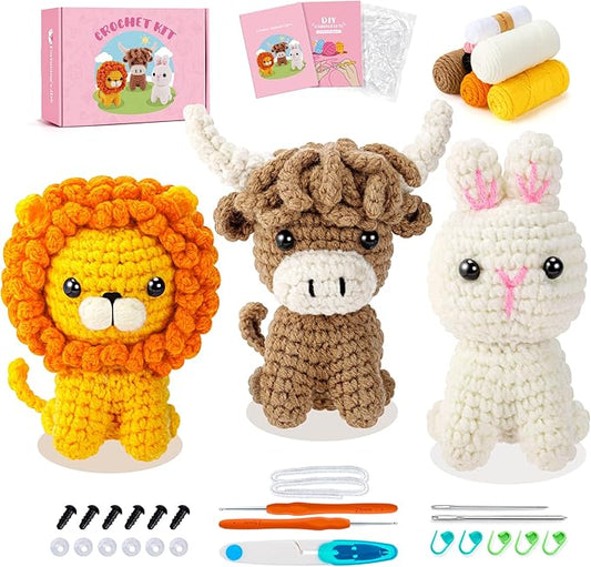 fortuning's jds crochet kit for beginners, amigurumi crochet animal kits, crocheting kit for starters adult with step-by-step video tutorials, animal kits with highland cow, lion, bunny