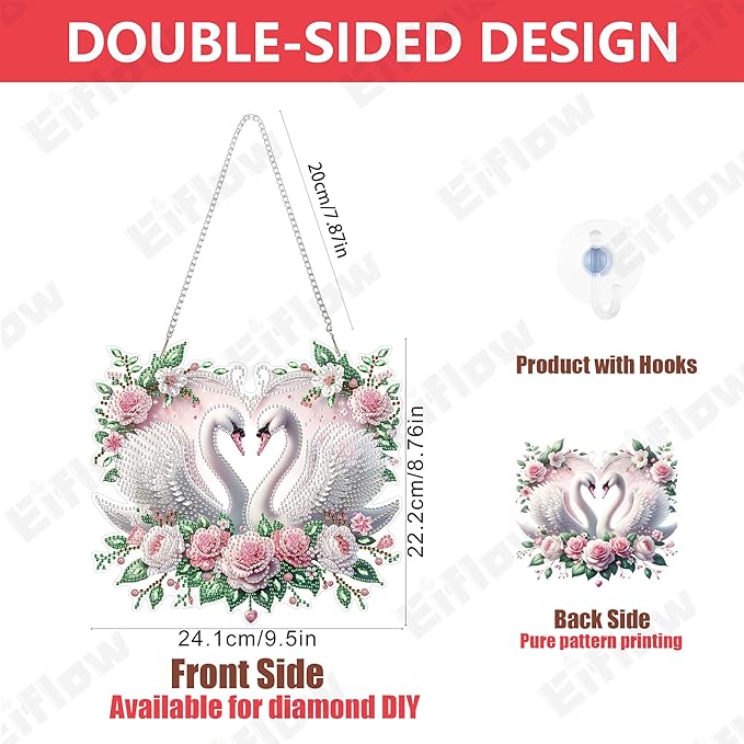 Eiflow Acrylic Diamond Art Hanging Kit for Adults Love, DIY Diamonds Painting Door Hanger Board Kit, Special Crystal Diamond Art Painting Pendant Ornament (Swans)