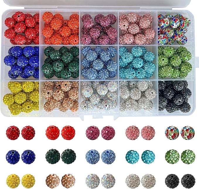 225pcs 15 Colors Rhinestones Beads 10mm Pave Disco Ball Beads Polymer Clay Rhinestone Round Crystal Diamond Bead for Jewelry Making European Style Bracelets Christmas Decor