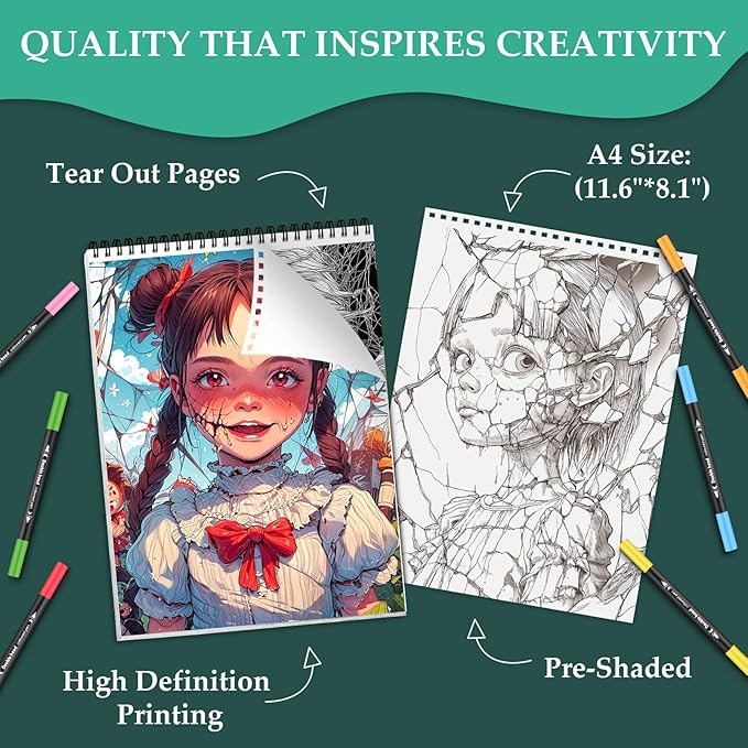 Horror Coloring Book for Adults Relaxation, 24 Pages Adult Coloring Books for Women Stress Relief, Spiral Bound Coloring Books, Relaxing Gift for Women, Single-Sided Coloring Book of Scare Style
