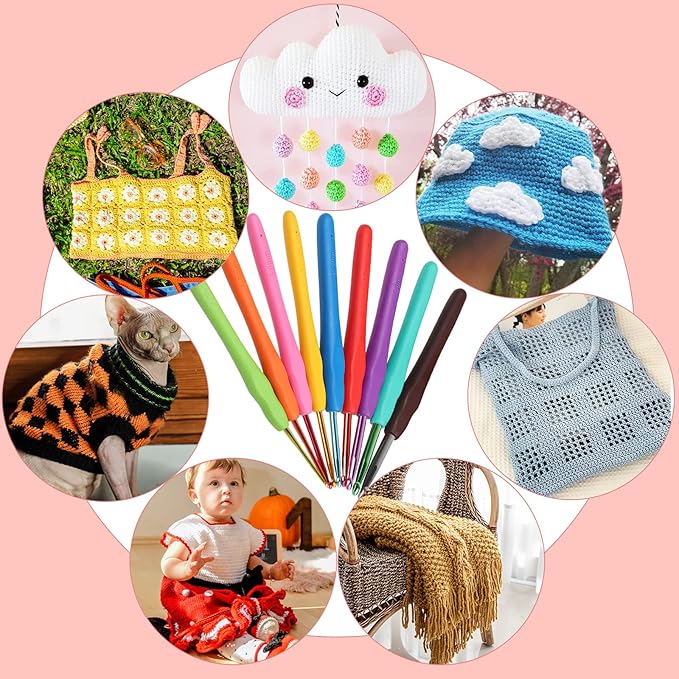 aeelike crochet kit for beginners adults, crochet kits include yarn, 59pcs crochet starter kit for beginners,ergonomic crochet hooks 2.0-6.0 mm, lace steel needles 0.6-1.9 mm